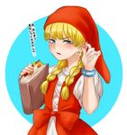  absurdres bangs blonde_hair blue_eyes blush book bow bracelet braid dragon_quest dragon_quest_xi earrings hat highres jewelry long_hair open_mouth roku_s3 solo translation_request twin_braids veronica_(dq11) 