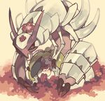  closed_eyes field flower flower_field gen_7_pokemon golisopod holding holding_flower looking_at_viewer maru_(umc_a) multiple_arms no_humans pink_eyes pokemon pokemon_(creature) red_flower shadow sitting smile steenee yellow_background 