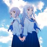  back-to-back blue_eyes blush hair_ornament hairclip idolmaster idolmaster_million_live! idolmaster_million_live!_theater_days long_hair makabe_mizuki multiple_girls purple_hair riyo_(riyontoko) school_uniform serafuku shiraishi_tsumugi short_hair silver_hair yellow_eyes 