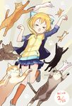  &gt;_&lt; :3 :d animal animal_hood black_footwear cat cat_day cat_hood closed_eyes dated hood hooded_jacket hoshizora_rin jacket jumping kneehighs love_live! love_live!_school_idol_project md5_mismatch navy_blue_skirt open_mouth orange_hair orange_legwear paw_pose paw_print pleated_skirt rassie_s shoes short_hair skirt sleeves_folded_up smile solo too_many too_many_cats v-shaped_eyebrows x3 xd 