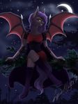  2017 amber_eyes anthro aqualit bat_pony bat_wings boots breasts clothing crescent_moon dawn_sentry dress equine fan_character fangs female footwear looking_at_viewer mammal membranous_wings moon my_little_pony night sitting slit_pupils smile solo star wings 