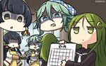 3girls apron black_hair black_sailor_collar black_serafuku brown_eyes calendar_(object) commentary crescent crescent_hair_ornament green_eyes green_hair hair_ornament hair_tubes hamu_koutarou highres kantai_collection long_hair long_sleeves mizuho_(kantai_collection) multiple_girls nagatsuki_(kantai_collection) neckerchief open_mouth red_ribbon ribbon sailor_collar school_uniform serafuku shaded_face translated white_neckwear yamakaze_(kantai_collection) yellow_apron 