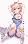  armpits arms_up bare_shoulders bdsm blonde_hair blush bondage bound bound_wrists breasts breasts_apart brown_eyes cleavage collarbone djeeta_(granblue_fantasy) full_body granblue_fantasy highres ichijou_(kr_neru0) looking_at_viewer mechanic_(granblue_fantasy) medium_breasts overalls rope short_hair simple_background sitting solo suspenders tied_up white_background 