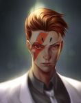  aladdin_sane androgynous backlighting black_shirt blue_eyes cosplay david_bowie facepaint formal frank-7-9 heterochromia highres lips looking_at_viewer moira_(overwatch) necktie nose overwatch red_eyes red_hair reverse_trap shirt short_hair solo suit upper_body 