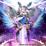  armor aura bare_shoulders blue_eyes boots breasts closed_mouth greaves head_wings looking_at_viewer matsui_hiroaki medium_breasts official_art purple_hair solo standing twintails valkyrie_connect watermark wings 