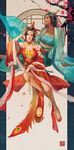  adapted_costume alternate_costume alternate_hair_color arm_support black_hair blue_eyes branch brown_eyes cherry_blossoms chinese_clothes commentary_request dark_skin forehead_tattoo hanfu highres mercy_(overwatch) multiple_girls nail_polish overwatch petals pharah_(overwatch) qinglong_pharah sae_(revirth) smile tree_branch zhuque_mercy 