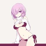  arm_support bikini black_bikini breasts chan_co cleavage detached_sleeves fate/grand_order fate_(series) hair_over_one_eye hand_on_own_chest large_breasts looking_at_viewer mash_kyrielight navel purple_eyes purple_hair short_hair side-tie_bikini simple_background solo swimsuit turtleneck 