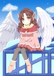  angel_wings black_ribbon blue_sky boots bow brown_eyes brown_hair capelet cloud coat commentary_request day earmuffs eyebrows_visible_through_hair eyes_visible_through_hair feathered_wings full_body grey_legwear hair_ribbon knees_together_feet_apart long_hair looking_at_viewer low_twintails mittens original pantyhose pink_coat plaid plaid_skirt pleated_skirt red_bow red_capelet red_mittens red_skirt ribbon scarf sitting skirt sky smile solo takahiko twintails white_wings wings yellow_scarf 