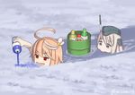  :&gt; ahoge artist_name blonde_hair blue_eyes bottle commentary drum_(container) eating eyebrows_visible_through_hair garrison_cap hair_ornament hat i-58_(kantai_collection) ice kantai_collection misumi_(niku-kyu) multiple_girls open_mouth partially_submerged red_eyes short_hair swimming syrup twitter_username u-511_(kantai_collection) water 