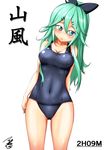  black_ribbon blue_swimsuit breasts character_name commentary_request green_eyes green_hair hair_between_eyes hair_ornament hair_ribbon hairclip kantai_collection long_hair making_of medium_breasts old_school_swimsuit one-piece_swimsuit open_mouth ponytail ribbon school_swimsuit signature simple_background solo swimsuit tsukino_murakumo white_background yamakaze_(kantai_collection) 