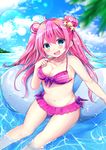  :d ahoge bangs bare_arms bare_shoulders bikini blue_eyes blue_sky blush breasts cleavage cloud collarbone commentary_request day double_bun eyebrows_visible_through_hair fang hair_between_eyes hair_ornament highres large_breasts looking_at_viewer minami_saki moe2018 open_mouth original outdoors pink_hair purple_bikini seashell seashell_hair_ornament shell side_bun sitting sky smile solo starfish_hair_ornament striped striped_bikini swimsuit water 