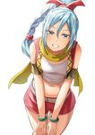  armband bangle blue_eyes blue_hair bracelet braid dragon_quest dragon_quest_xi eyebrows_visible_through_hair grin hair_ribbon high_braid highres jewelry maya_(dq11) migimaki_(migi_mawashi) navel red_vest ribbon scarf single_braid smile solo vest 