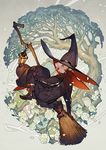  blonde_hair broom broom_riding commentary flower gloves hat lantern looking_back original petals robe solo tree witch witch_hat yna 