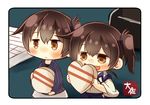  :&lt; :d alternate_costume artist_name black_hair blush brown_eyes carrying chibi chocolate chocolate_heart commentary_request dual_persona heart holding japanese_clothes kaga_(kantai_collection) kantai_collection minigirl multiple_girls open_mouth paper revision side_ponytail smile taisa_(kari) tasuki valentine white_chocolate 