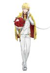  adapted_costume bangs blonde_hair bouquet chain corded_phone earrings ekita_xuan fate/grand_order fate_(series) flower formal full_body gilgamesh gloves highres holding holding_phone jacket jewelry letter lock lock_earrings long_sleeves looking_at_viewer male_focus necktie pants parted_lips phone red_eyes red_flower red_rose red_shirt rose shirt shoes simple_background smile solo standing suit white_background white_footwear white_gloves white_jacket white_pants wing_collar yellow_neckwear 