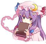  blue_bow blue_ribbon blush book bow commentary crescent crescent_hair_ornament dress frilled_dress frilled_sleeves frills fujishiro_emyu hair_ornament hair_ribbon hat hat_ribbon heart long_hair looking_at_viewer mob_cap open_mouth patchouli_knowledge pink_hat purple_eyes purple_hair red_bow red_ribbon ribbon star star_hair_ornament touhou white_background 
