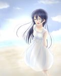  bangs beach blue_hair blush closed_eyes collarbone commentary_request cowboy_shot day dress eyebrows_visible_through_hair hair_between_eyes long_hair love_live! love_live!_school_idol_project open_mouth outdoors roaru_(gyuren) sky sleeveless sleeveless_dress smile solo sonoda_umi sundress white_dress 
