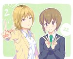  black_sweater blazer blonde_hair blush brown_hair commentary_request double_v freckles green_background green_neckwear hakka0320 jacket multiple_girls necktie open_blazer open_clothes open_jacket purple_eyes release_date school_uniform shirt short_hair smile sweater tanaka_mako v watashi_ga_motenai_no_wa_dou_kangaetemo_omaera_ga_warui! yoshida_masaki 