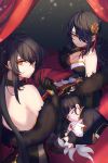  3girls ahoge ara_han asymmetrical_clothes bangs bare_shoulders black_dress black_gloves black_hair braid breasts cleavage corset creature cropped_jacket detached_sleeves devi_(elsword) dress elbow_gloves elsword eyeliner eyes_closed feather_boa gloves hair_between_eyes hair_ornament hair_over_one_eye hairpin hand_up highres hug jewelry large_breasts light_particles little_devil_(elsword) long_hair looking_at_another looking_at_viewer lying makeup multiple_girls mwo_imma_hwag ponytail side_slit sitting sleeping smile under_covers very_long_hair yama_raja_(elsword) yellow_eyes 