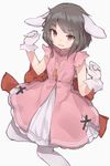  adapted_costume animal_ears bow brown_hair bunny_ears carrot_necklace dress eyes_visible_through_hair gloves hands_up highres inaba_tewi looking_at_viewer pink_dress pink_eyes red_bow shone short_hair simple_background smile solo touhou white_background white_gloves white_legwear 