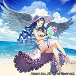  :d ass bare_arms bare_shoulders beach blue_bow blue_eyes blue_hair blue_sky blush bow breasts cleavage cloud cloudy_sky commentary_request crossed_legs day drill_hair fisheye floating food hat hat_bow high_heels holding horizon ice_cream large_breasts looking_at_viewer matsui_hiroaki ocean official_art open_mouth outdoors sand sitting sky smile solo spread_wings sun_hat tiara valkyrie_connect waist_cape water watermark white_footwear white_hat wings 