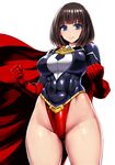  black_hair blue_eyes breasts cape commentary_request covered_navel cowboy_shot gloves groin highleg highleg_leotard ishimiso_(ishimura) large_breasts leotard looking_at_viewer muscle muscular_female original panties short_hair smile solo standing superhero underwear 