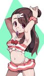  absurdres adjusting_hair arms_up bikini bikini_skirt breasts brown_hair bunny_hair_ornament cowboy_shot hair_ornament hair_tie hair_tie_in_mouth highres kagari_atsuko little_witch_academia long_hair mawen_(a1659jjpp) mouth_hold navel simple_background small_breasts solo striped striped_bikini swimsuit tying_hair 