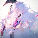  black_shirt blue_eyes cherry_blossoms commentary fate/grand_order fate_(series) highres hood hood_down long_hair male_focus merlin_(fate) messy_hair outstretched_hand petals rella robe shirt smile solo staff very_long_hair white_hair white_robe 