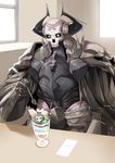  armor black_cloak eiri_(eirri) fate/grand_order fate_(series) glowing glowing_eyes holding holding_spoon horns indoors king_hassan_(fate/grand_order) looking_at_viewer male_focus parfait sitting skull solo spikes spoon table twitter_username window 