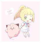  :d ;d backpack bag bangs blonde_hair blush_stickers border braid character_name chibi clefairy fang french_braid full_body gen_1_pokemon green_eyes heart holding_hands holding_strap lillie_(pokemon) long_hair looking_at_viewer mei_(maysroom) one_eye_closed open_mouth outline pink_background pleated_skirt pokemon pokemon_(creature) pokemon_(game) pokemon_sm ponytail school_uniform serafuku shirt short_sleeves sidelocks signature simple_background skirt smile socks standing straight_hair white_border white_footwear white_legwear white_shirt white_skirt 