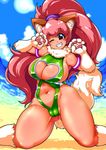  1girl animal_ears bare_legs bare_shoulders beach breasts cat_ears cleavage cleavage_cutout curvy female happy heart_cutout highleg_leotard highres large_breasts leotard looking_at_viewer partially_visible_vulva paw_print perisie_(star_ocean) pink_hair ponytail red_eyes ryoi shiny shiny_clothes shiny_hair shiny_skin smile solo star_ocean star_ocean_first_departure tail thick_thighs thighhighs thighs thong_leotard very_long_hair wink 