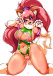  1girl animal_ears bare_legs bare_shoulders breasts cat_ears cleavage cleavage_cutout curvy female happy heart_cutout heavy_breathing highleg_leotard highres large_breasts leotard looking_at_viewer paw_print perisie_(star_ocean) pink_hair ponytail pussy pussy_juice red_eyes ryoi shiny shiny_clothes shiny_hair shiny_skin simple_background smile solo star_ocean star_ocean_first_departure tail thick_thighs thighhighs thighs thong_leotard very_long_hair 