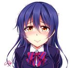  bangs blue_hair bow bowtie commentary_request eyebrows_visible_through_hair hair_between_eyes long_hair looking_at_viewer love_live! love_live!_school_idol_project otonokizaka_school_uniform red_neckwear school_uniform simple_background smile solo sonoda_umi striped striped_neckwear tears trembling upper_body white_background windart 