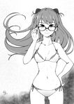  absurdres adjusting_eyewear ass_visible_through_thighs bangs bare_shoulders bespectacled bikini breasts closed_mouth collarbone cowboy_shot dated glasses greyscale hair_ornament highres long_hair looking_at_viewer monochrome navel neon_genesis_evangelion side-tie_bikini signature simple_background small_breasts smile solo souryuu_asuka_langley standing swimsuit tainanstation 