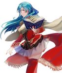  aqua_hair armor blue_eyes blue_hair book boots cape eirika fingerless_gloves fire_emblem fire_emblem:_seima_no_kouseki fire_emblem_heroes gloves long_hair looking_at_viewer machi_wt sidelocks skirt solo thigh_boots thighhighs zettai_ryouiki 