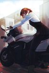  ankle_boots bangs black_legwear black_vest blunt_bangs boots brown_footwear brown_hair building closed_mouth feet_out_of_frame from_side gloves ground_vehicle leaning_forward lips long_sleeves looking_at_viewer looking_to_the_side miniskirt motor_vehicle motorcycle niijima_makoto noctilin on_motorcycle pantyhose persona persona_5 plaid plaid_skirt red_eyes red_skirt road shirt short_hair shuujin_academy_uniform sitting skirt solo street town twitter_username vest white_gloves white_shirt 