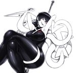  armpits arms_behind_head asymmetrical_wings black_dress black_hair black_legwear breasts crossed_legs dress holding holding_weapon houjuu_nue large_breasts limited_palette over_shoulder red_eyes solo space_jin thick_thighs thighhighs thighs touhou weapon weapon_over_shoulder wide_hips wings zettai_ryouiki 