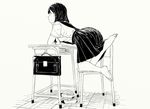  arched_back bag bangs bare_legs barefoot chair closed_mouth desk elbows_on_table feet from_side full_body greyscale highres hiwatari_rin kneeling leg_up monochrome on_chair original plantar_flexion profile school_briefcase school_chair school_desk shoes shoes_removed short_sleeves soles solo uwabaki 