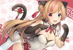  3.14 :d animal_ears black_gloves blue_eyes blush bracelet breasts brown_hair cat_ears cat_tail china_dress chinese_clothes cleavage double_bun dress earrings elbow_gloves girls_frontline gloves heart heart_earrings heterochromia jewelry long_hair looking_at_viewer medium_breasts mismatched_gloves mk_23_(girls_frontline) multicolored_hair open_mouth paw_pose red_eyes single_elbow_glove smile solo streaked_hair tail 