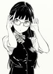  :o adjusting_eyewear bangs black_hair bow bowtie breasts collared_shirt glasses greyscale hand_on_eyewear hands_up highres hiwatari_rin long_hair looking_at_viewer medium_breasts monochrome original plaid plaid_bow plaid_neckwear shirt short_sleeves simple_background solo upper_body vest 