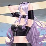  armor armpits arms_behind_head black_armor breasts camilla_(fire_emblem_if) cleavage fire_emblem fire_emblem_if hair_over_one_eye headpiece korikorikori large_breasts long_hair navel purple_eyes smile solo very_long_hair 