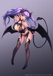  absurdres amei_sumeru ass_visible_through_thighs bare_shoulders black_hairband black_legwear black_wings blush breasts bridal_gauntlets cleavage collarbone demon_girl demon_horns demon_tail demon_wings earrings eyebrows_visible_through_hair garter_straps hairband highres horns jewelry large_breasts leaning_forward long_hair looking_at_viewer low_wings nipples original pointy_ears purple_hair red_eyes see-through simple_background smile solo succubus tail thighhighs twintails wings zettai_sakusei!_succubus-chan 