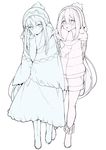  cloak coat dress greyscale haruyuki_(yukichasoba) hat kagamihara_nadeshiko long_hair monochrome multiple_girls open_mouth scarf shima_rin shorts very_long_hair yurucamp 