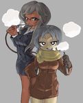  blazer blue_hair breasts buttons cloud collared_shirt dark_skin glasses gloves gobori grey_background grey_hair half-closed_eyes hand_in_pocket height_difference holding inhaling jacket long_hair long_sleeves looking_at_viewer medium_breasts medium_hair multiple_girls open_mouth original pixel_art scarf shirt simple_background skirt smoke star star-shaped_pupils symbol-shaped_pupils vapors 