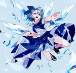  ahoge blue_background blue_dress blue_eyes blue_hair cirno commentary_request dress fang fingernails hair_between_eyes highres ice ice_wings ikurauni multicolored_footwear neck_ribbon open_mouth red_ribbon ribbon short_hair short_sleeves short_socks socks solo touhou v-shaped_eyebrows white_bloomers white_legwear wings 