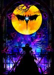  absurdres bad_id bad_pixiv_id bird chain commentary dress fate/apocrypha fate_(series) floating_castle full_moon fur_trim glowing glowing_eyes harada_miyuki highres long_dress long_hair looking_at_viewer moon night night_sky semiramis_(fate) silhouette sky solo standing very_long_hair 