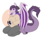  anthro barefoot beverage breasts claws clothed clothing coffee coffee_mug cup digital_media_(artwork) dragon ear_piercing eyeshadow female freckles fur hair holding_cup horn kneeling makeup membranous_wings multicolored_hair non-mammal_breasts pants piercing purple_eyes purple_fur purple_hair purple_scales reptile scales scalie servalex simple_background smile solo sweater sweatpants teeth toe_claws tuft two_tone_hair white_background wings 