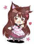  animal_ears blush brooch brown_eyes brown_hair chibi commentary_request dress eyebrows_visible_through_hair flower full_body hair_flower hair_ornament heart imaizumi_kagerou jewelry layered_dress long_sleeves open_mouth petticoat ruto5102 shadow solo standing tail touhou white_background wolf_ears wolf_tail 