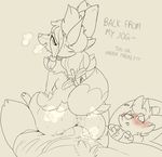  2018 ambiguous_gender anthro anus backsash blush braixen bulge butt canine clothing dialogue digital_drawing_(artwork) digital_media_(artwork) duo english_text fur hair inner_ear_fluff looking_back male mammal monochrome nintendo nude on_lap open_mouth pok&eacute;mon pok&eacute;mon_(species) sitting sitting_on_lap size_difference smile sweat teeth text underwear video_games wolf 
