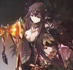  bare_shoulders black_dress black_hair breasts bridal_gauntlets cleavage detached_sleeves dress fate/apocrypha fate_(series) fur_trim grail hair_ornament jewelry large_breasts long_dress long_hair necklace pointy_ears pouring semiramis_(fate) solo spikes tsuedzu very_long_hair yellow_eyes 